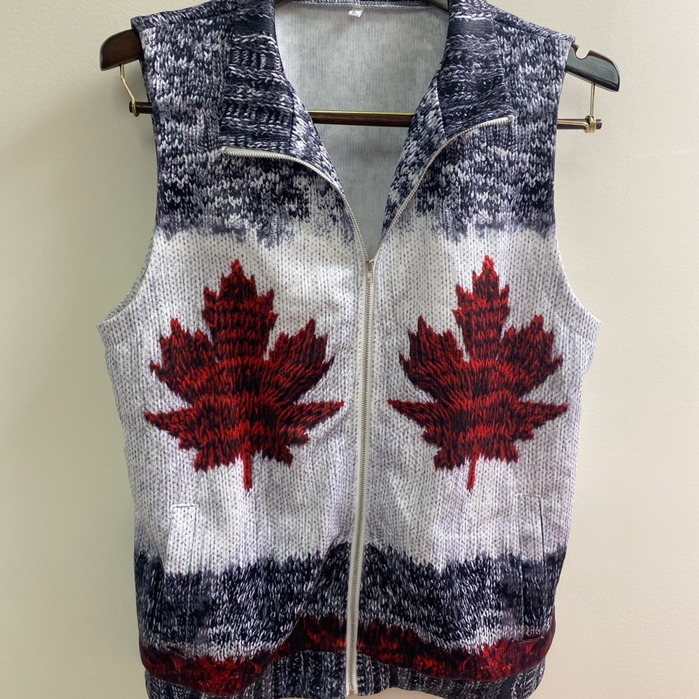 NWOT Red Maple Leaf faux Knit Zip Vest